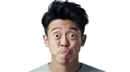 Young man making funny face with inflated cheeks on transparent background