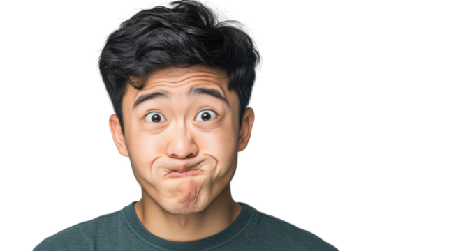 Young man making funny face with transparent background
