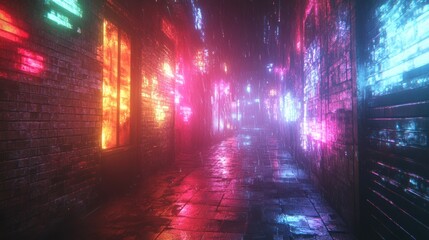 Cyberpunk alleyway neon signs rain night futuristic background