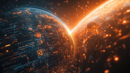 Fototapeta premium Digital globe sunrise, cosmic data stream, futuristic background, tech concept