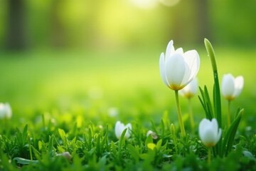 Soft white flowers unfolding in a green meadow, Blooming flowers, Serene atmosphere, Spring field