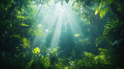 Obraz premium Sunbeams pierce misty jungle foliage, creating serene background scene