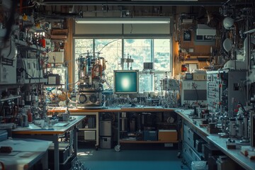 Fototapeta premium Scientist's cluttered lab, sunny window, research equipment, data screen, scientific discovery
