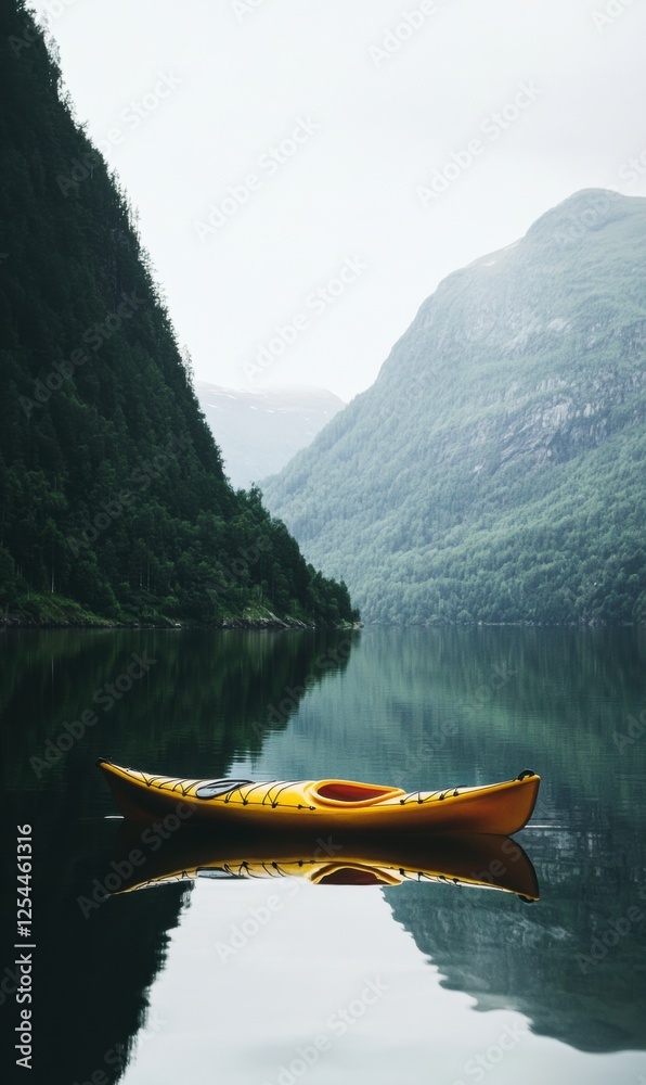 Poster lone yellow kayak on a tranquil mountain lake surrounded by majestic peaks under a calm sky. generat