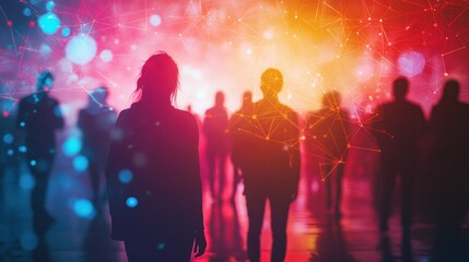 Woman leads crowd, futuristic city, network backdrop, event promotion