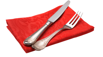 Elegant Silverware on Red Damask Tablecloth Perfect for Restaurant Menu or Festive Dinner Invitation Design