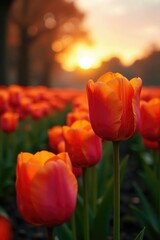 Obraz premium Warm light dances across the tulip rows at dusk, orange, tulips, natural