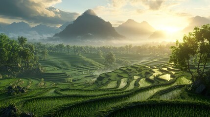 Fototapeta premium Lush Green Rice Terraces in a Mountain Valley