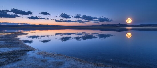 Fototapeta premium Calm lake sunset moonrise reflection