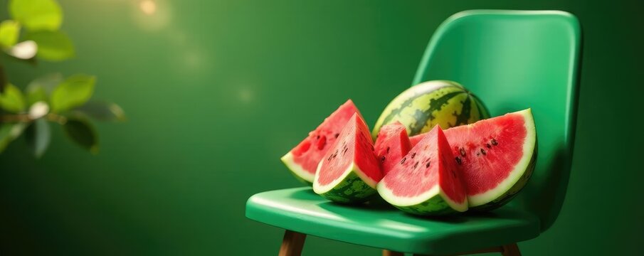 Wassermelonen in einer M?rktausstellung auf einem Stuhl, gr?n, Sommer, stuhl