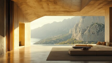 Modern minimalist house, sunrise view, mountain coastal landscape, infinity pool, interior design