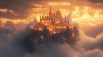 Fiery castle on a floating island in a dramatic sunset sky.