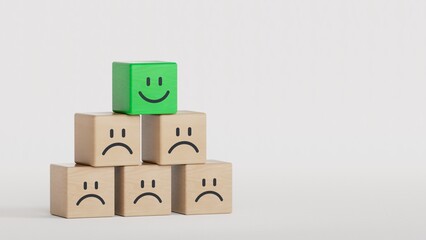 The best business services rate the customer experience. sorted by service level Satisfaction Survey Concept With a business wooden block, choose a smiley face on the top wooden block.