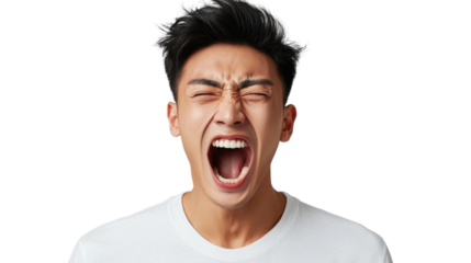 Angry asian man shouting with transparent background