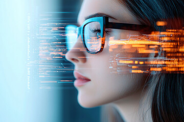 woman wearing glasses looks at digital data projections, symbolizing futuristic technology and AI integration. image conveys innovation and focus in modern setting