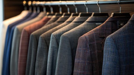 Obraz premium Men's suits hanging in boutique showroom, ready for sale