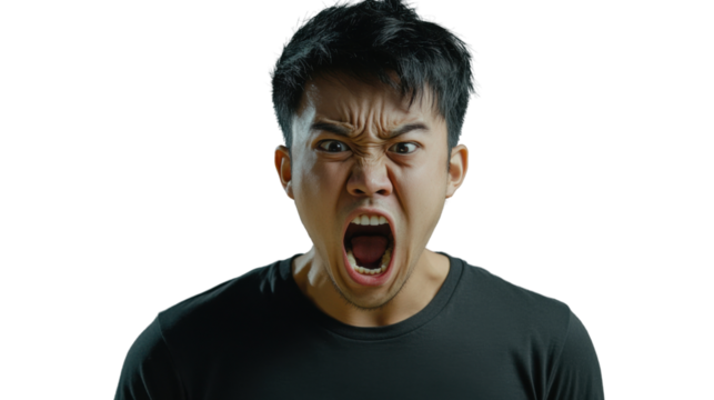 Young man shouting with transparent background: furious expression and intense emotion