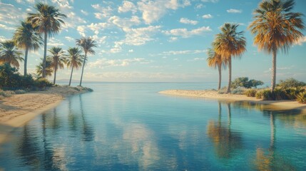 Fototapeta premium Tropical beach inlet, calm water, palm trees, sunny sky, vacation