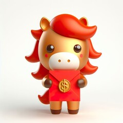 Fototapeta premium 3d Golden and Red Horse Cartoon Character Holding Red Envelope, Lunar New Year