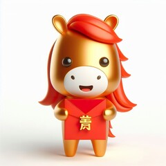 Naklejka premium 3d Golden and Red Horse Cartoon Character Holding Red Envelope, Lunar New Year