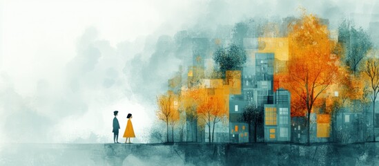 Couple Autumn Cityscape Watercolor Painting