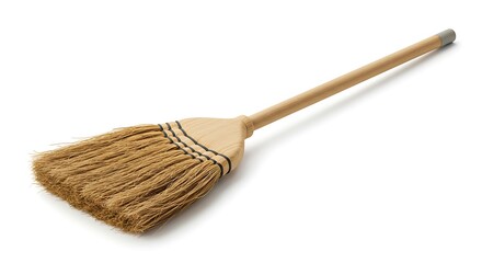 Broom with Wooden Handle and Straw Bristles on White Background