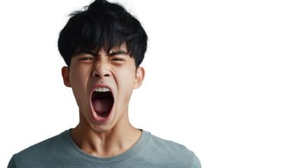 Young man shouting with transparent background