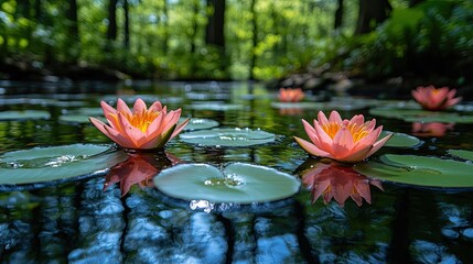Serene pond scene featuring vibrant pink water lilies floating on calm water surrounded by lush greenery