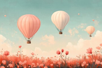 Obraz premium Hot air balloons drift peacefully over a colorful field of blooming flowers at sunset. Generative AI