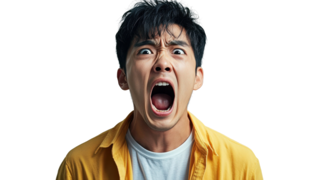 Young man shouting with transparent background: expressing anger and frustration