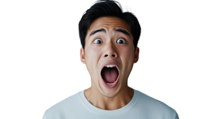 Shocked young man opening his mouth on transparent background