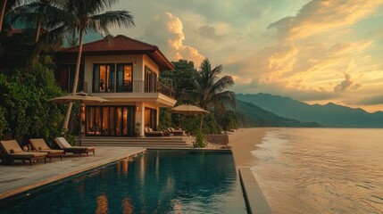 Obraz premium Oceanfront villa sunset poolside luxury escape