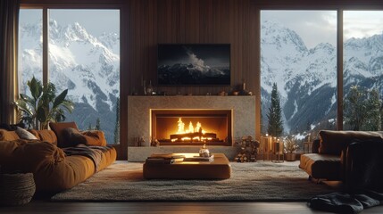 Cozy mountain lodge living room fireplace winter view relaxation