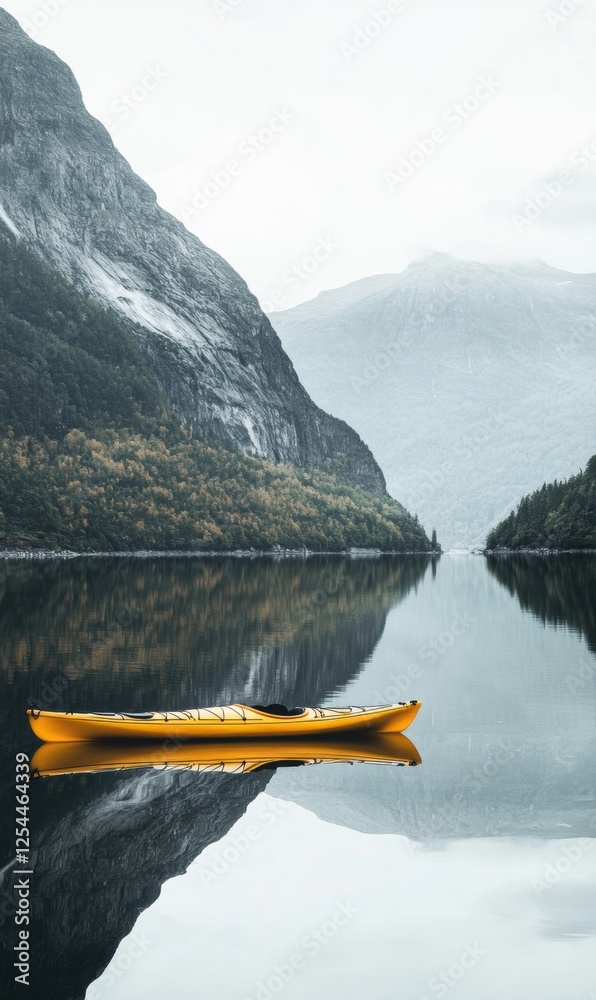 Aufkleber lone yellow kayak floats on a tranquil mountain lake surrounded by steep cliffs and misty peaks. gen