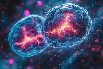 Vibrant depiction of two interconnected cells glowing with energy amidst a cosmic background