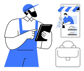 Worker holding tablet, overseeing online store. Displays shopping cart, briefcase, tablet interaction. Ideal for e-commerce, digital retail, online business, remote management logistics technology
