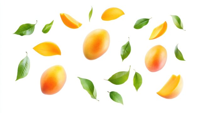 A bunch of mango fruit with green leaves scattered around them
