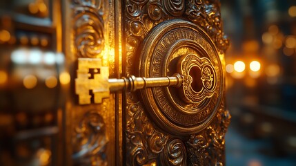 Close-up of a golden key turning inside an elaborately carved vault door discount symbols softly illuminated