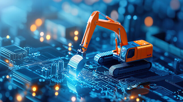 miniature excavator operates on digital circuit board, symbolizing integration of technology and construction. scene is illuminated with blue and orange lights, creating futuristic atmosphere - Powered by Adobe