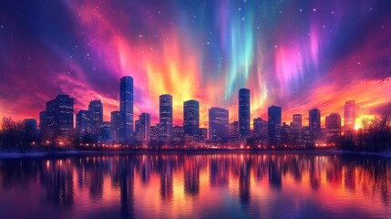 Obraz premium Vibrant aurora borealis lights illuminate a modern city skyline reflected in calm water at night.