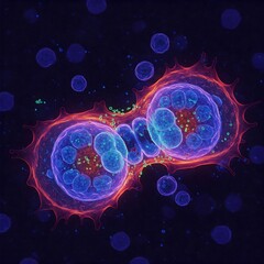  close-up of cells dividing under a microscope, with vibrant neon hues , Cell, Division, Microscope, Neon, Color, Vibrant, Science, Biology, Medicine, Healthcare, Research, Discovery, Abstract, Art, D
