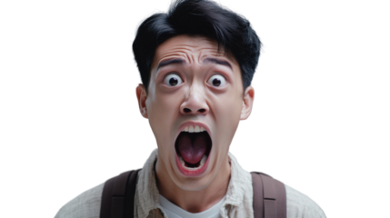 Asian student expressing shock and surprise with a transparent background