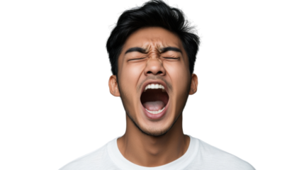 Young man screaming with closed eyes and transparent background