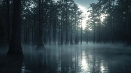 Misty swamp sunrise, cypress trees, tranquil water, serene background, nature documentary