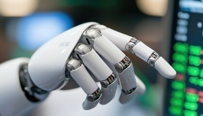 successful investor growth mindset concept. Robotic hand gesturing near financial data and technology screens.
