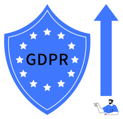 Blue shield with stars surrounding GDPR text, pointing upwards arrow, clipboard-holding person sketch. Ideal for data protection, cybersecurity, compliance, regulations, privacy, improvement growth