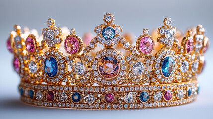 Ornate gold crown adorned with colorful gemstones and diamonds on a light gray background.
