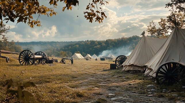 Civil War Reenactment Camp with Cannons and Tents on a Grassy Field under Cloudy Sky
