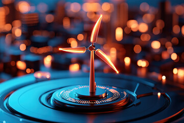glowing wind turbine model stands on futuristic platform, symbolizing renewable energy in cityscape. vibrant lights and blurred background create dynamic and innovative atmosphere