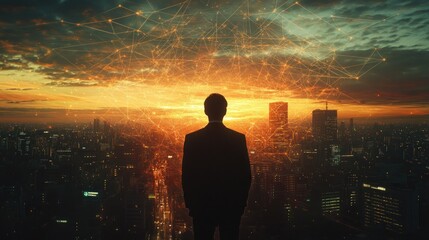 Fototapeta premium Man contemplating sunset cityscape, network overlay
